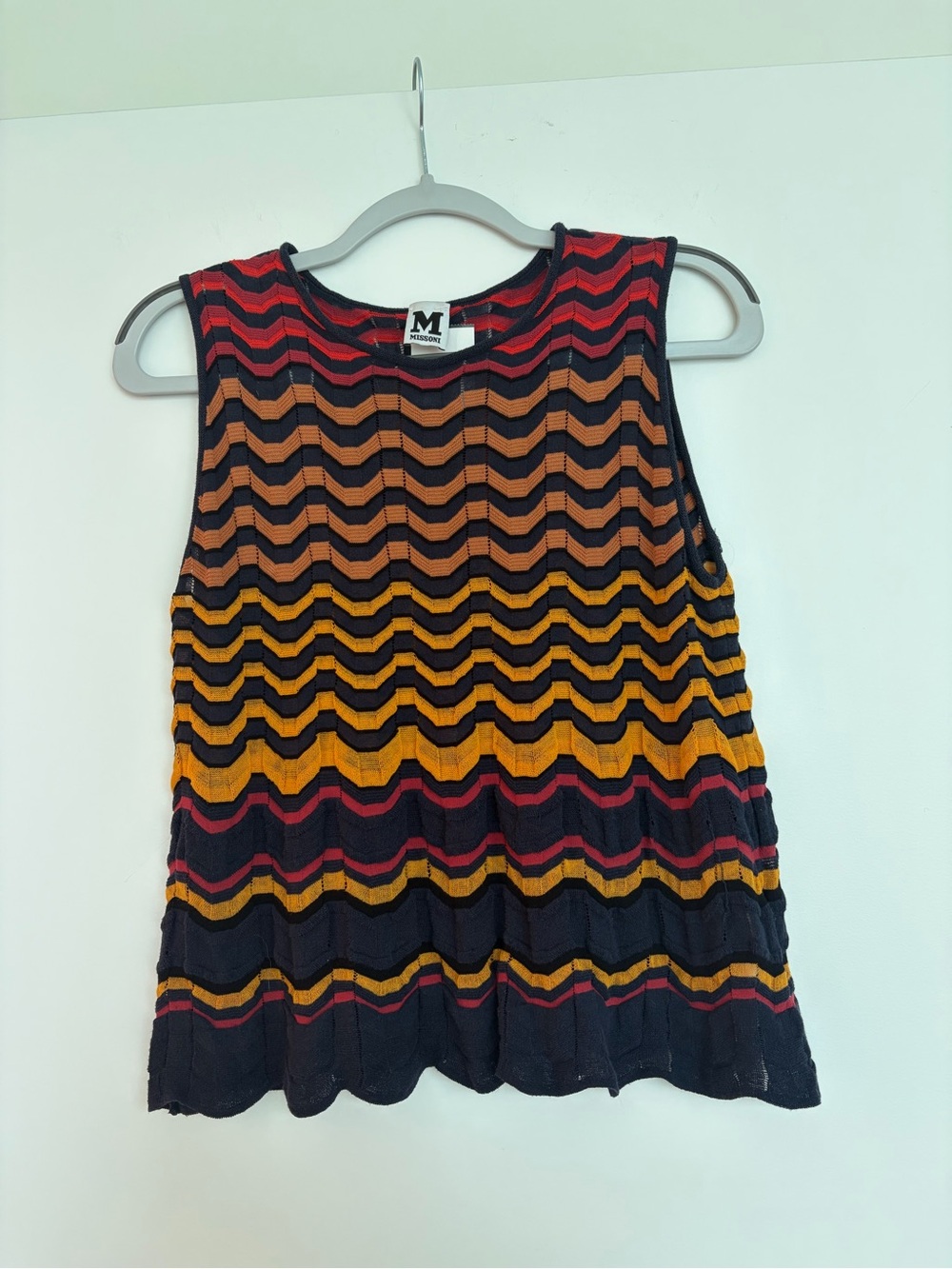 Missoni Chevron Knit Tank Top - Black with Mustard & Red - Large